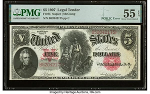 image for: Fr. 85 $5 1907 "PCBLIC" Error Legal Tender PMG About Uncirculated 55 EPQ....