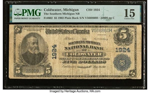 image for: Coldwater, MI - $5 1902 Plain Back Fr. 602 The Southern Michigan National Bank Ch. # 1924 PMG Choice Fine 15....