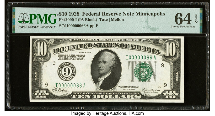 image for: Low Serial Number 66 Fr. 2000-I $10 1928 Federal Reserve Note. PMG Choice Uncirculated 64 EPQ....