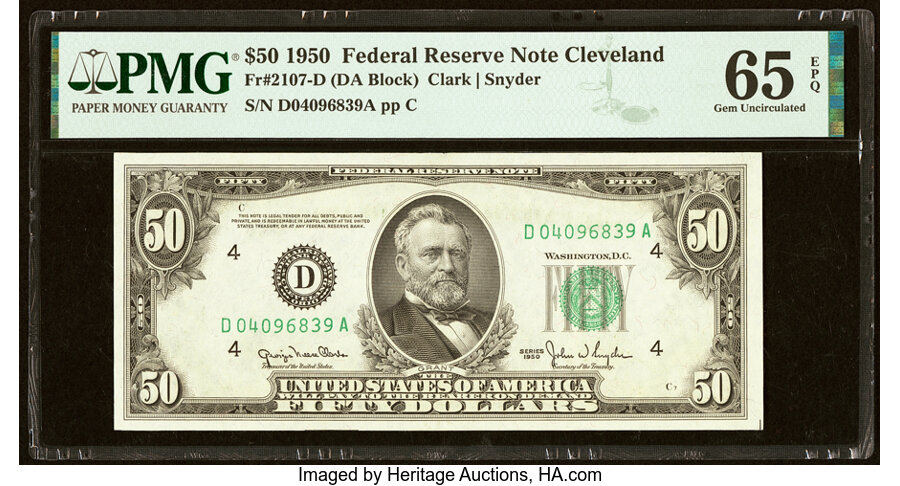 image for: Fr. 2107-D $50 1950 Federal Reserve Note. PMG Gem Uncirculated 65 EPQ....
