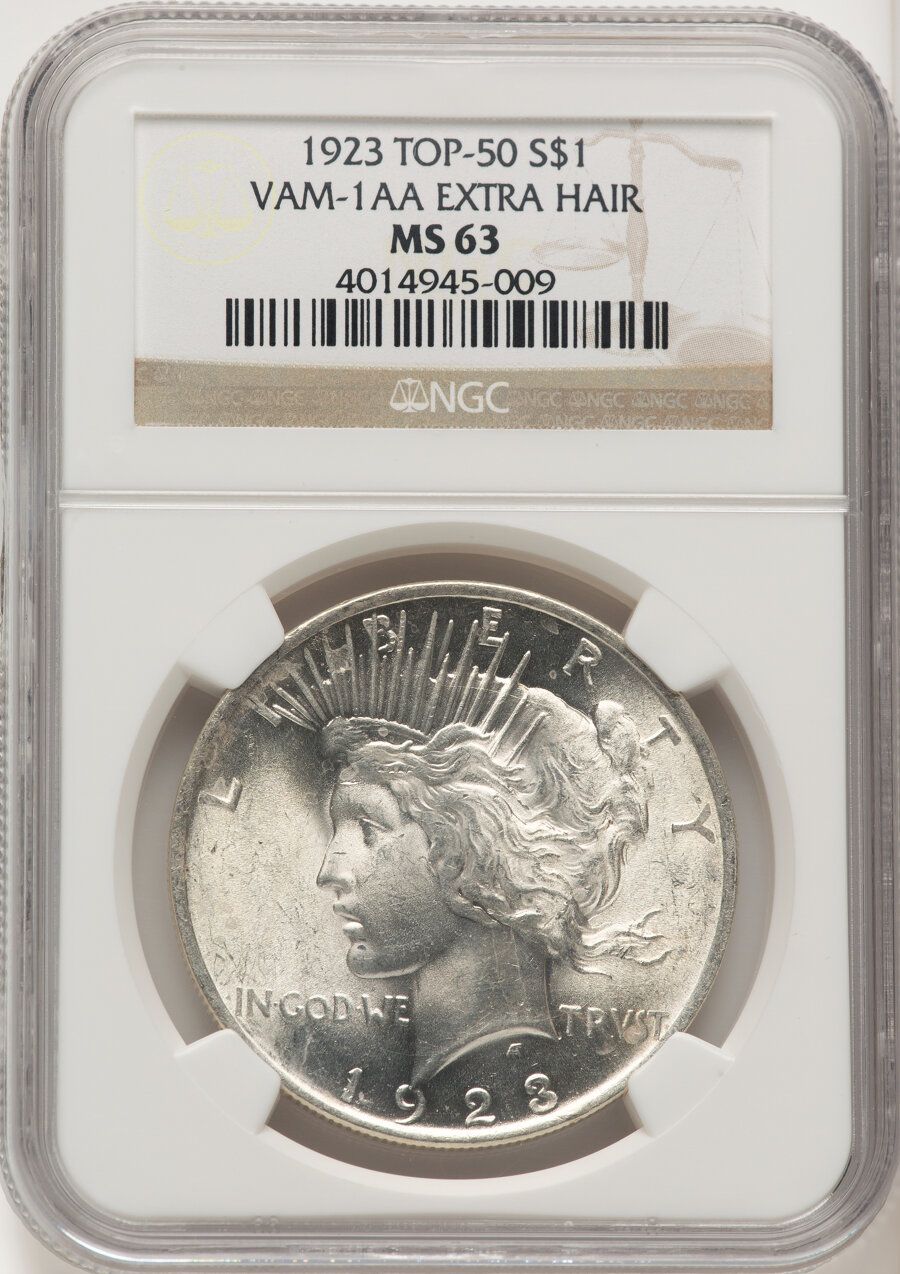 image for: 1923 $1 Extra Hair, VAM-1AA, MS63 NGC. A Top 50 Variety. NGC Census: (0/0).  Mintage 30,800,000....