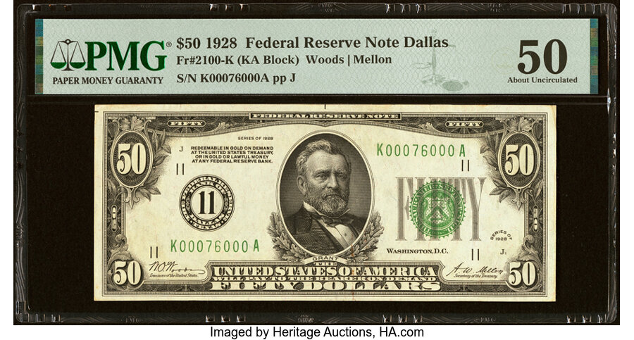 image for: Fr. 2100-K $50 1928 Federal Reserve Note. PMG About Uncirculated 50....