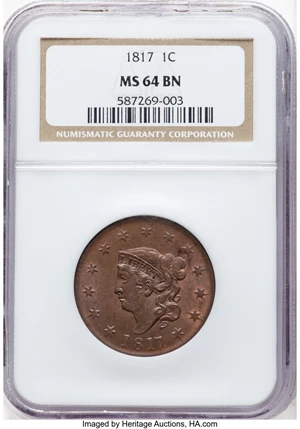 image for: 1817 1C 13 Stars, N-14, R.1, MS64 Brown NGC. Mintage 3,948,400....