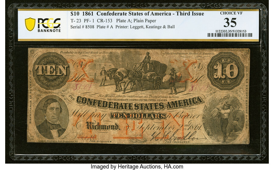 image for: T23 $10 1861 PF-1 Cr. 153 PCGS Banknote Choice VF 35....