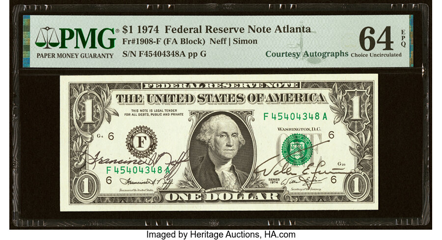 image for: Francine I. Neff and William E. Simon Dual Courtesy Autographed Fr. 1908-F $1 1974 Federal Reserve Note. PMG Choice Uncirculat...