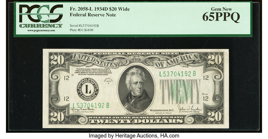 image for: Fr. 2058-L $20 1934D Wide Federal Reserve Note. PCGS Gem New 65PPQ....