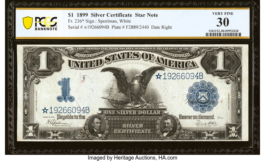 image for: Fr. 236* $1 1899 Silver Certificate Star PCGS Banknote Very Fine 30....
