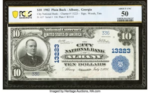 image for: Albany, GA - $10 1902 Plain Back Fr. 637 The City National Bank Ch. # 13223 PCGS Banknote About Unc 50....