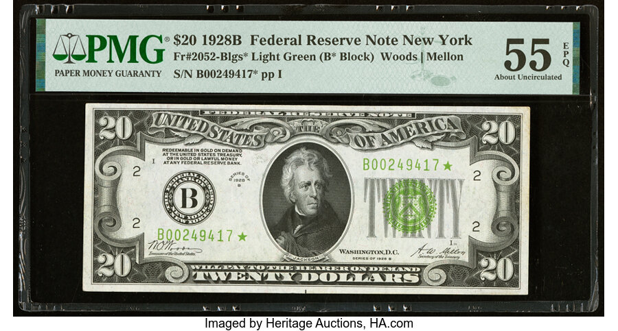 image for: Fr. 2052-B $20 1928B Light Green Seal Federal Reserve Star Note. PMG About Uncirculated 55 EPQ....