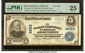 image for: San Francisco, CA - $5 1902 Plain Back Fr. 601 The Bank of California National Assoc Ch. # 9655 PMG Very Fine 25....