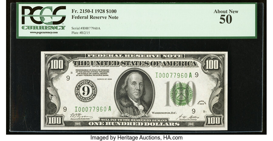 image for: Fr. 2150-I $100 1928 Federal Reserve Note. PCGS About New 50....
