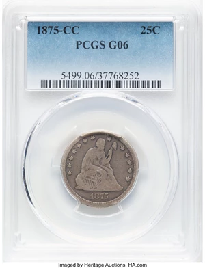 image for: 1875-CC 25C Good 6 PCGS. PCGS Population: (5/179). Mintage 140,000. ...