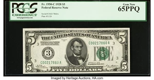 image for: Fr. 1950-C $5 1928 Federal Reserve Note. PCGS Gem New 65PPQ....