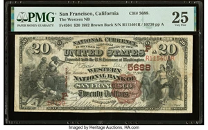 image for: San Francisco, CA - $20 1882 Brown Back Fr. 504 The Western National Bank Ch. # (P)5688 PMG Very Fine 25....