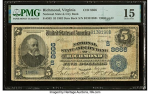 image for: Richmond, VA - $5 1902 Date Back Fr. 593 National State & City Bank Ch. # (S)8666 PMG Choice Fine 15....