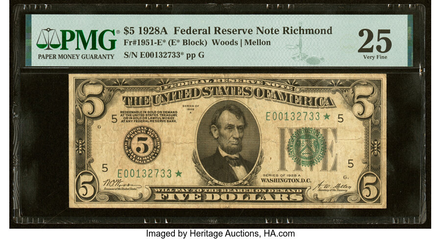 image for: Fr. 1951-E* $5 1928A Federal Reserve Star Note. PMG Very Fine 25....