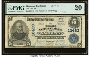 image for: Gardena, CA - $5 1902 Plain Back Fr. 604 The First National Bank Ch. # 10453 PMG Very Fine 20....