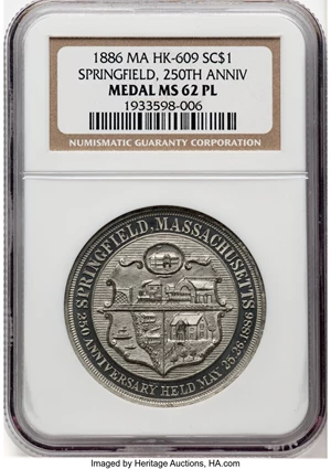 image for: 1886 Springfield, Massachusetts, 250th Anniversary, White Metal, HK-609, R.6, MS62 Prooflike NGC. Census: 3 in 62 Prooflike,...
