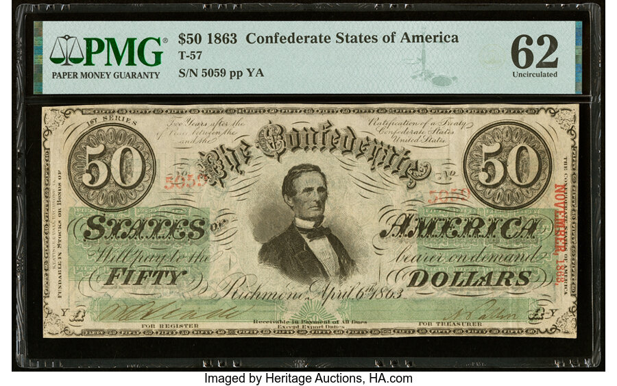 image for: T57 $50 1863 PF-15 Cr. UNL PMG Uncirculated 62....