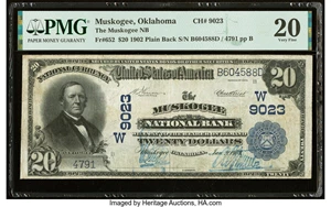 image for: Muskogee, OK - $20 1902 Plain Back Fr. 652 The Muskogee National Bank Ch. # (W)9023 PMG Very Fine 20....