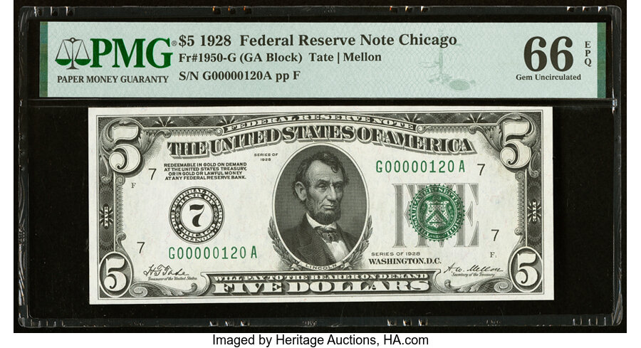 image for: Low Serial Number 120 Fr. 1950-G $5 1928 Federal Reserve Note. PMG Gem Uncirculated 66 EPQ....