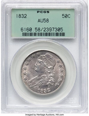image for: 1832 50C Small Letters, O-122, R.1, AU58 PCGS. Housed in a Generation 3.0 green label holder. PCGS Population: (432/426). N...