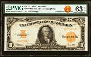 image for: Fr. 1173a $10 1922 Gold Certificate PMG Choice Uncirculated 63 EPQ....