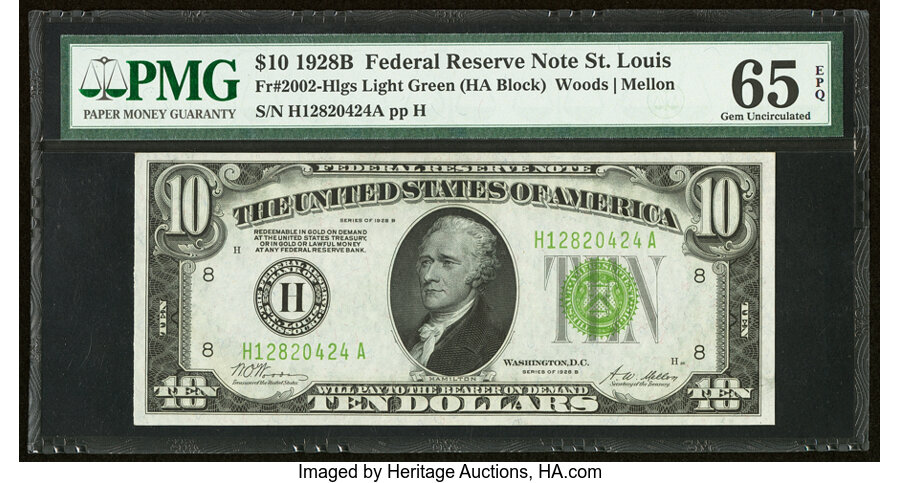 image for: Fr. 2002-H $10 1928B Light Green Seal Federal Reserve Note. PMG Gem Uncirculated 65 EPQ....