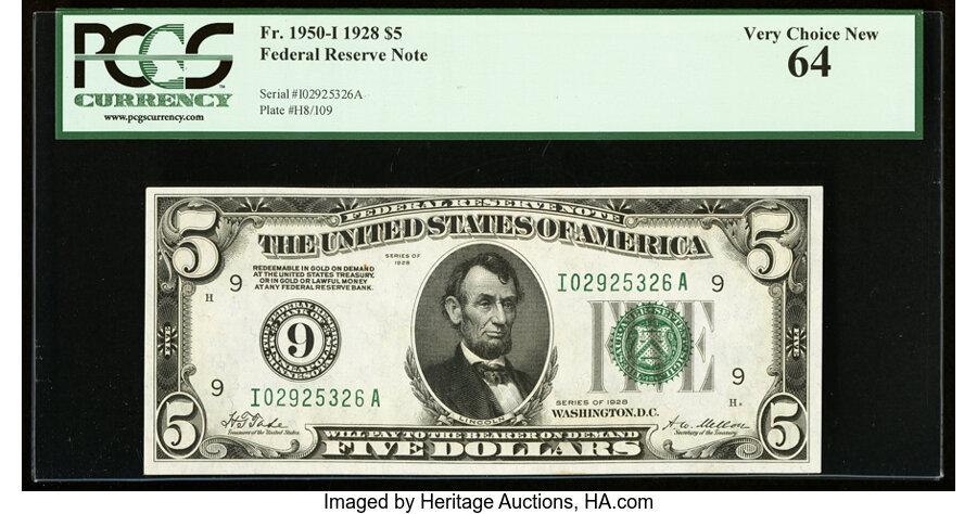 image for: Fr. 1950-I $5 1928 Federal Reserve Note. PCGS Very Choice New 64....