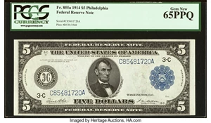 image for: Fr. 855a $5 1914 Federal Reserve Note PCGS Gem New 65PPQ....