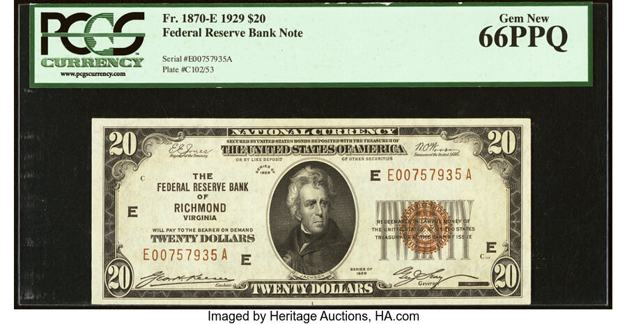 image for: Fr. 1870-E $20 1929 Federal Reserve Bank Note. PCGS Gem New 66PPQ....
