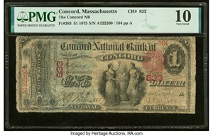 image for: Concord, MA - $1 1875 Fr. 383 The Concord National Bank Ch. # 833 PMG Very Good 10....