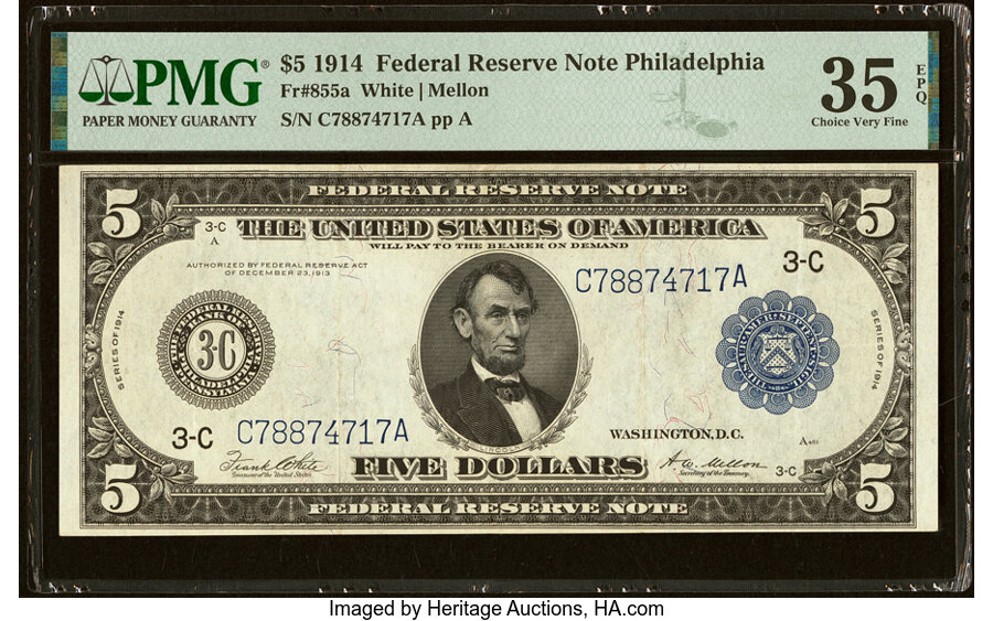 image for: Fr. 855a $5 1914 Federal Reserve Note PMG Choice Very Fine 35 EPQ....