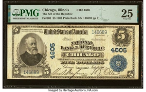 image for: Chicago, IL - $5 1902 Plain Back Fr. 602 The National Bank of the Republic Ch. # 4605 PMG Very Fine 25....