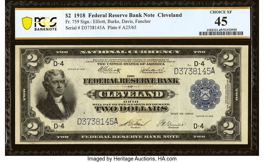 image for: Fr. 759 $2 1918 Federal Reserve Bank Note PCGS Banknote Choice XF 45....