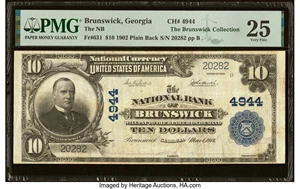 image for: Brunswick, GA - $10 1902 Plain Back Fr. 631 The National Bank of Brunswick Ch. # 4944 PMG Very Fine 25....