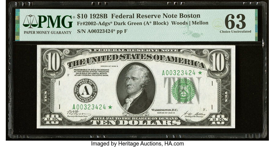 image for: Fr. 2002-A* $10 1928B Federal Reserve Star Note. PMG Choice Uncirculated 63....
