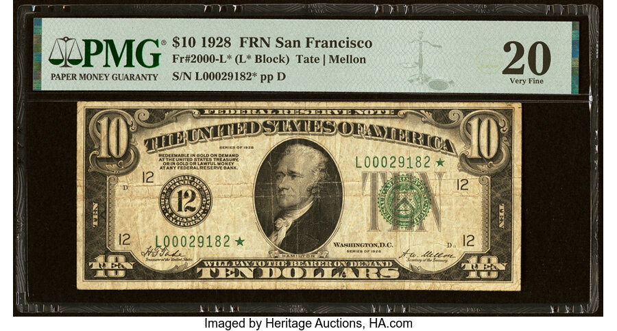 image for: Fr. 2000-L* $10 1928 Federal Reserve Star Note. PMG Very Fine 20....