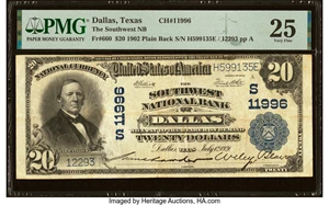 image for: Dallas, TX - $20 1902 Plain Back Fr. 660 The Southwest National Bank Ch. # (S)11996 PMG Very Fine 25....