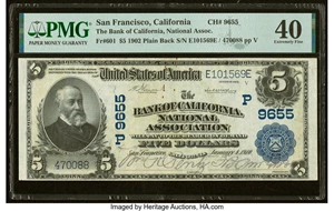image for: San Francisco, CA - $5 1902 Plain Back Fr. 601 The Bank of California National Assoc Ch. # (P)9655 PMG Extremely Fine 40....