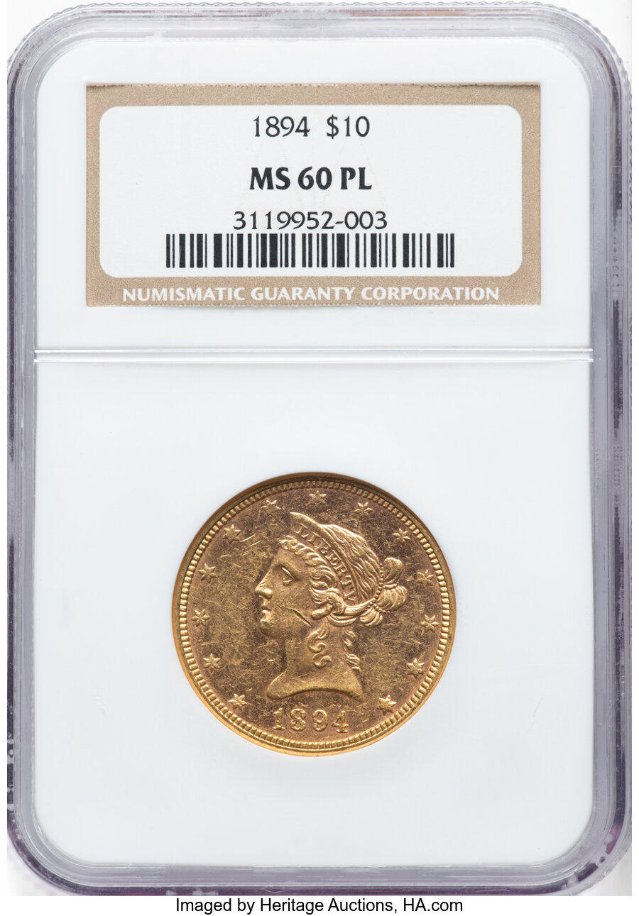 image for: 1894 $10 MS60 Prooflike NGC. NGC Census: (14/101).  Mintage 2,470,778....