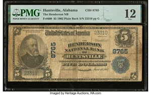 image for: Huntsville, AL - $5 1902 Plain Back Fr. 600 The Henderson National Bank Ch. # 8765 PMG Fine 12....