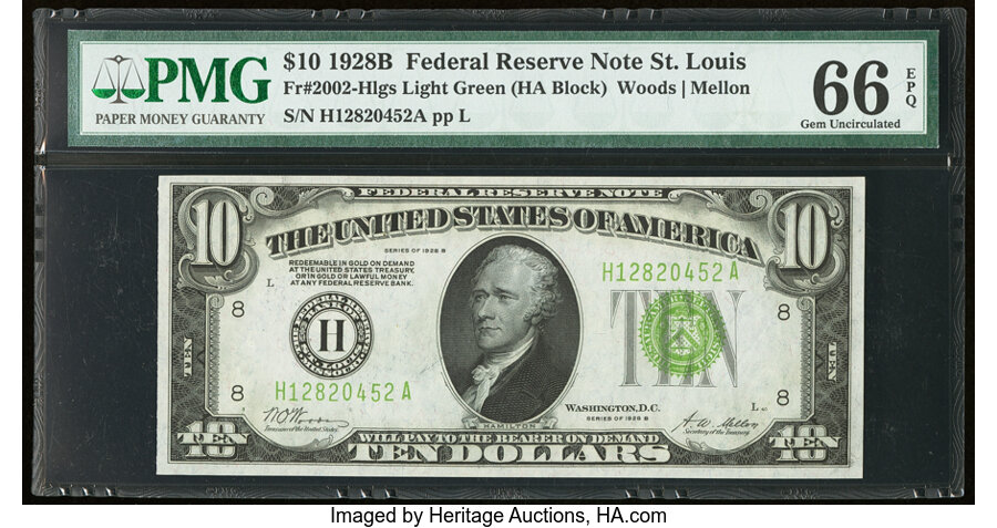 image for: Fr. 2002-H $10 1928B Light Green Seal Federal Reserve Note. PMG Gem Uncirculated 66 EPQ....