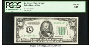 image for: Fr. 2103-L $50 1934A Mule Federal Reserve Note. PCGS About New 50....