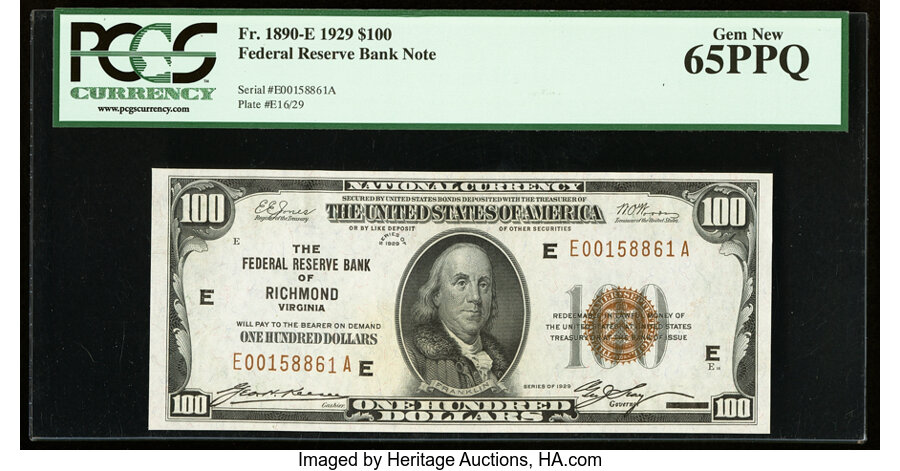 image for: Fr. 1890-E $100 1929 Federal Reserve Bank Note. PCGS Gem New 65PPQ....