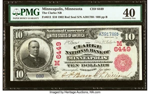 image for: Minneapolis, MN - $10 1902 Red Seal Fr. 613 The Clarke National Bank Ch. # (M)6449 PMG Extremely Fine 40....