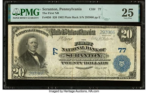 image for: Scranton, PA - $20 1902 Plain Back Fr. 650 The First National Bank Ch. # 77 PMG Very Fine 25....