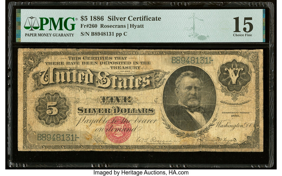 image for: Fr. 260 $5 1886 Silver Certificate PMG Choice Fine 15....