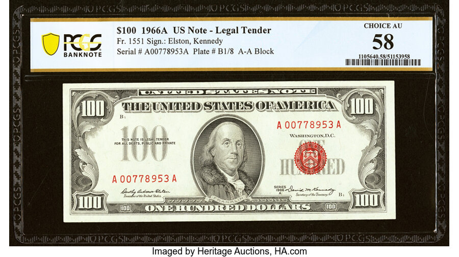 image for: Fr. 1551 $100 1966A Legal Tender Note. PCGS Banknote Choice AU 58....