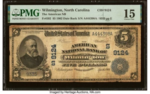 image for: Wilmington, NC - $5 1902 Date Back Fr. 592 The American National Bank Ch. # (S)9124 PMG Choice Fine 15....
